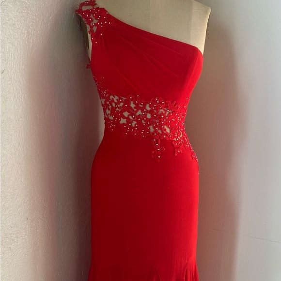One Shoulder Red Dress Xscape - Picture 2 of 4